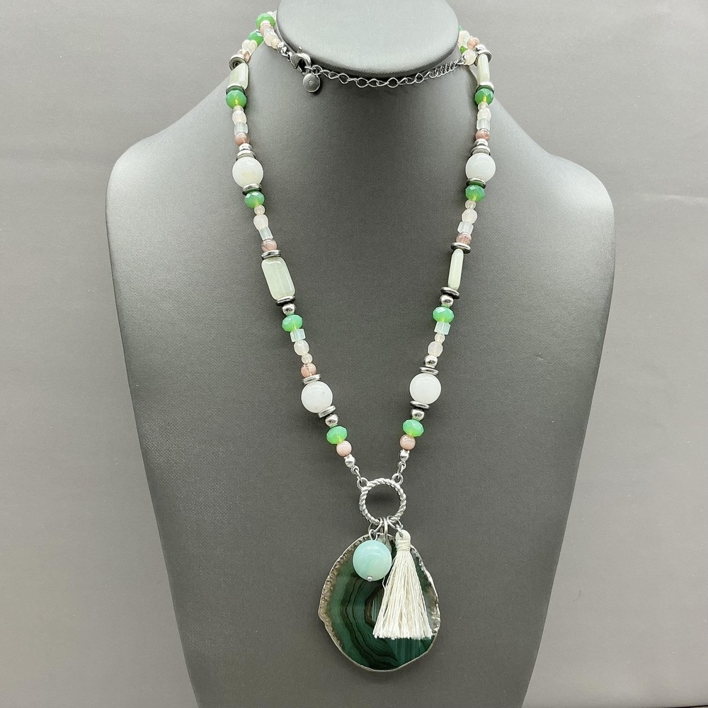 Statement Necklace Green Agate Pendant Beaded Tassel Multicolor Boho Womens